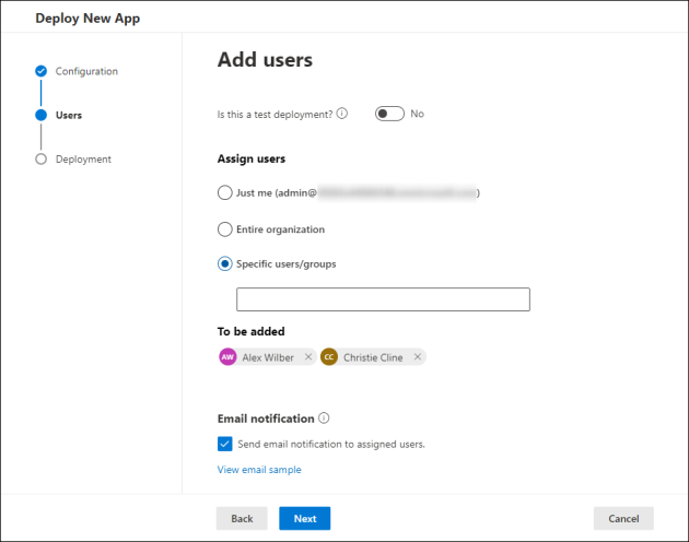 Choosing users to whom the add-in will be deployed.