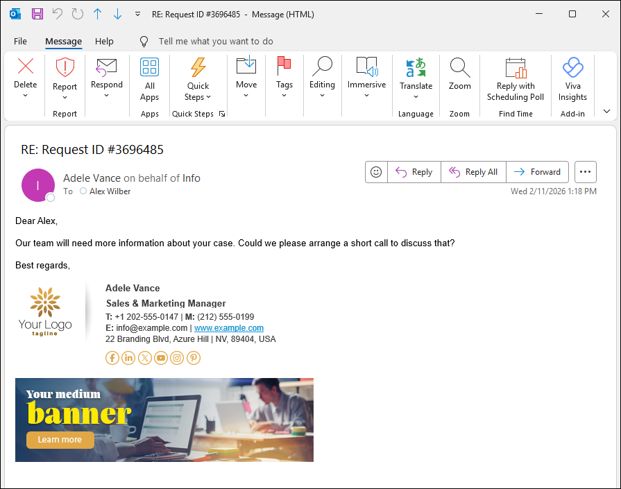Cloud (server-side) signature designed for a shared mailbox and including the actual sender’s full name and title.