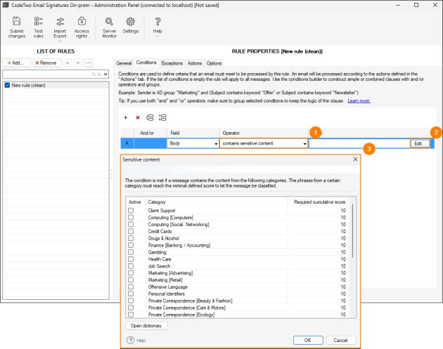 Opening the Sensitive content editor.