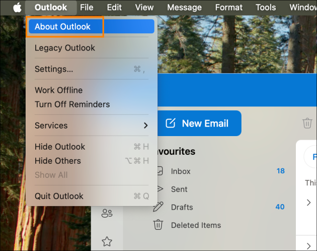 About Outlook option in the Outlook menu bar on Mac.
