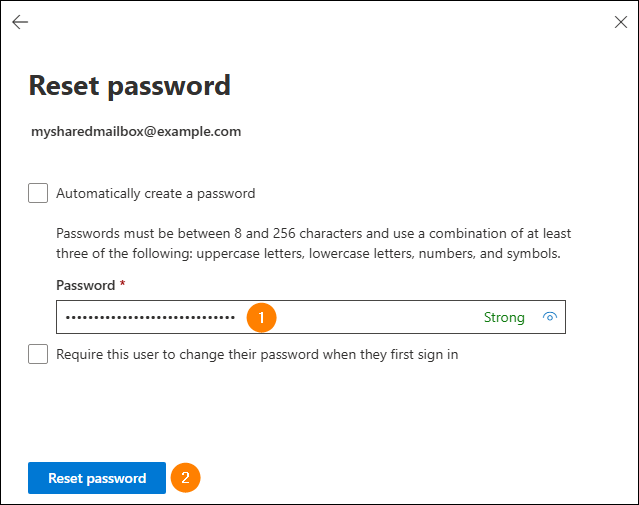 Defining a new password for your shared mailbox.
