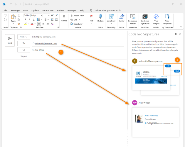 The Web Add-in showing a preview of two signatures (1 for internal and 1 for external recipients).