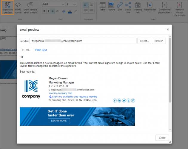 Email signature preview with an Agendex meeting scheduling link.