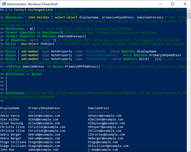 Example of obtaining a list of aliases by using PowerShell.