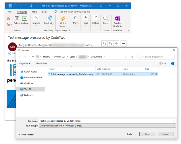 Saving an email message as a file in Outlook.