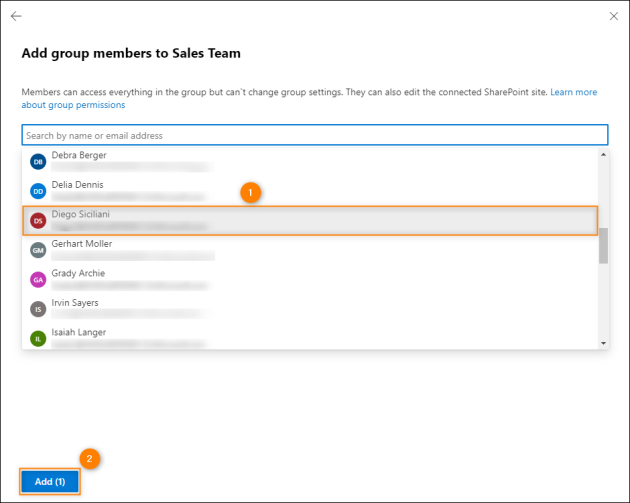 Selecting a new member to add to the group and confirming changes.