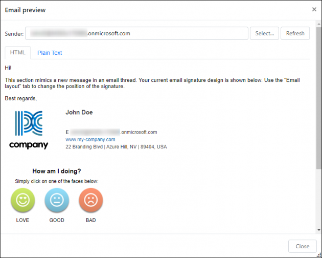 A sample signature with a one-click survey.