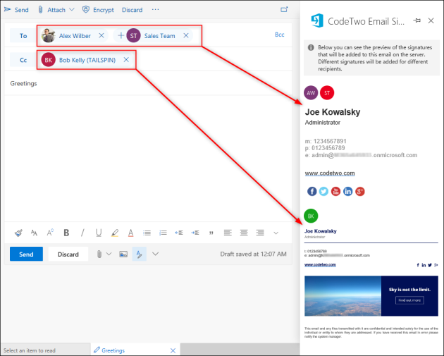 A preview pane that shows two signatures (1 for internal and 1 for external recipients).