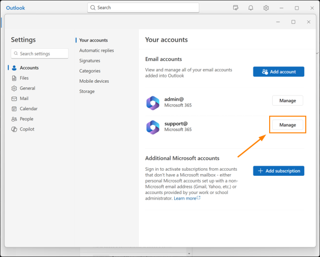 Accessing the email account setting in the new Outlook for Windows.