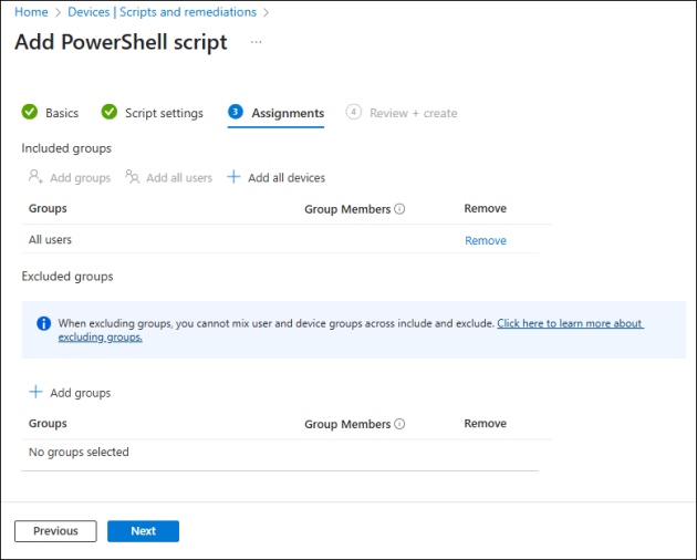 The Assignments step allows you to decide for which users the script will be executed.