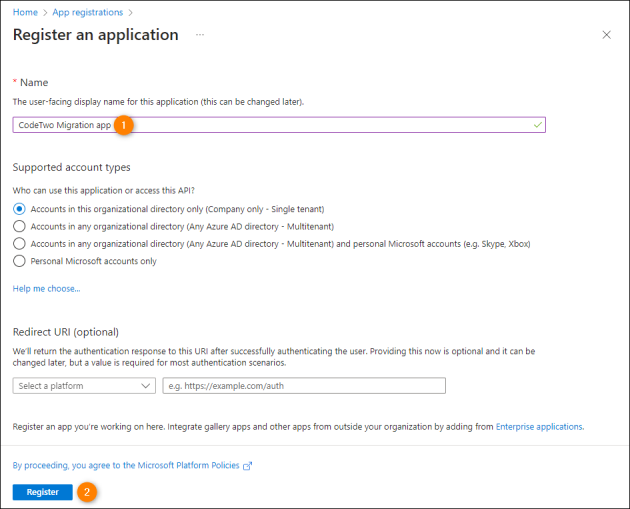 Registering the CodeTwo application with Azure AD.