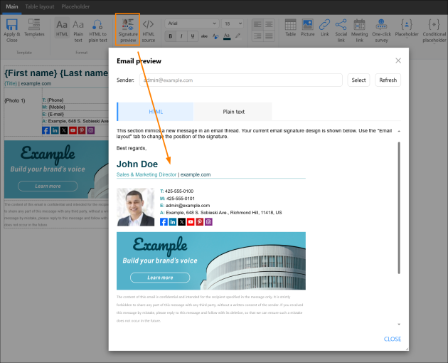 Previewing how your email signature will look in a real email conversation.