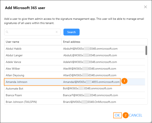Choosing the guest user from the list of available Microsoft 365 users.