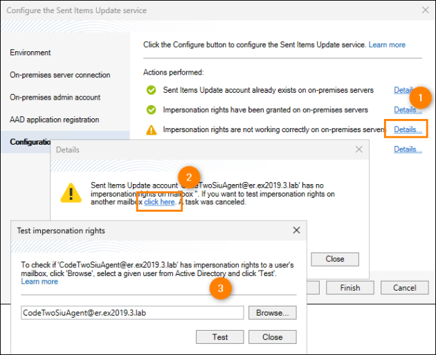 Testing the selected admin account's impersonation rights on other user mailboxes.