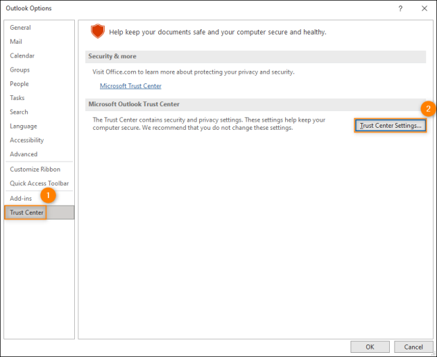 Accessing the Trust Center settings in Outlook.