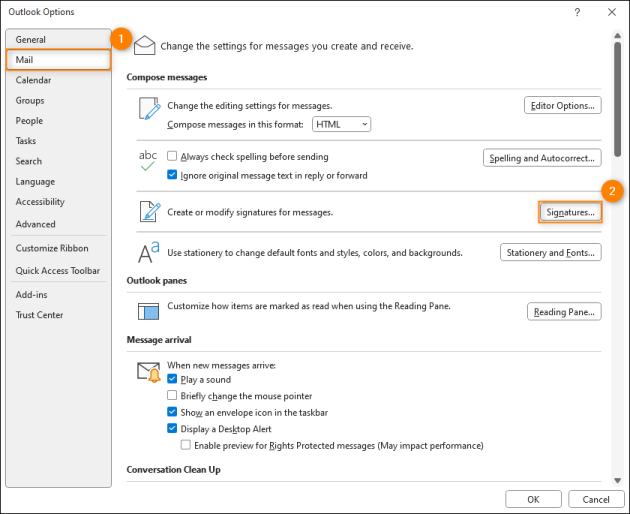 Accessing the folder storing email signatures in Outlook for Windows.