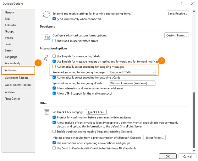 Correct encoding configuration in Outlook for Windows.