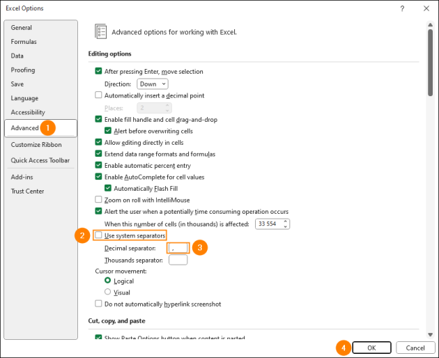 Accessing and configuring the decimal separator in Microsoft Excel.
