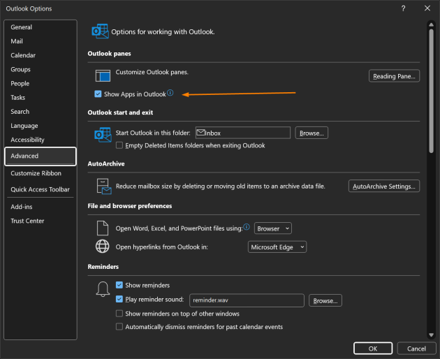 The Show Apps in Outlook option (enabled) in the classic Outlook for Windows.