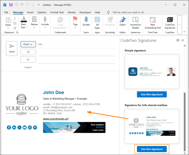 Inserting the signature designed for a shared mailbox.
