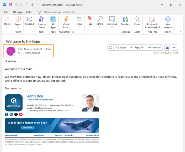 A personal signature inserted into an email sent on behalf of a shared mailbox.