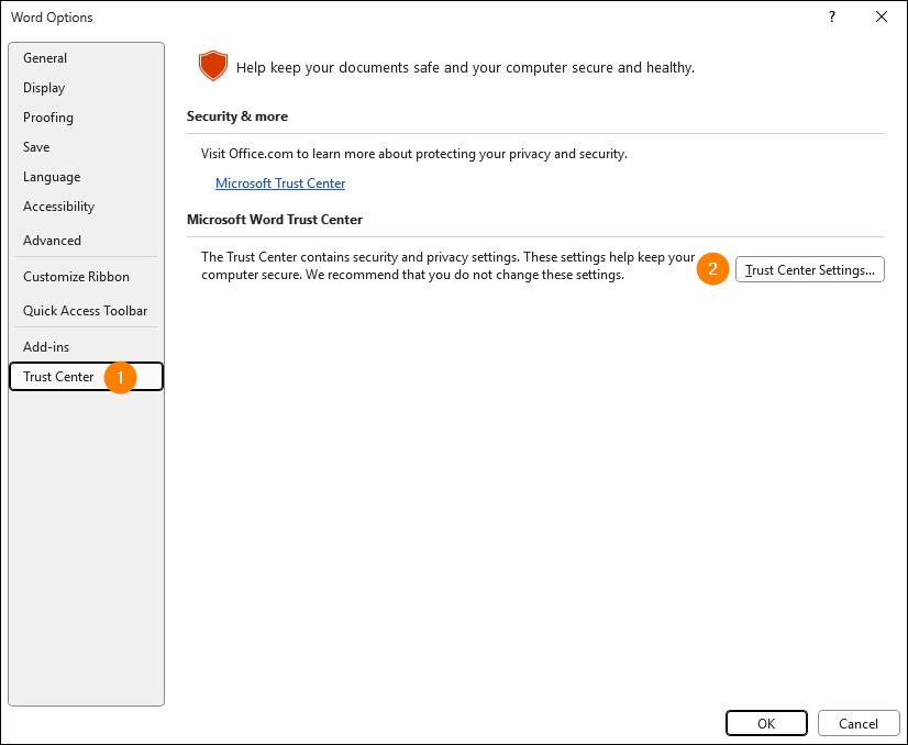 Accessing Trust Center Settings in Word.