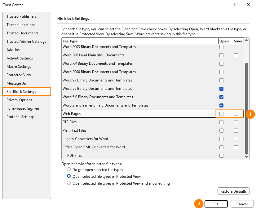 Clearing the Open and Save file block settings for web pages in Word’s Trust Center.