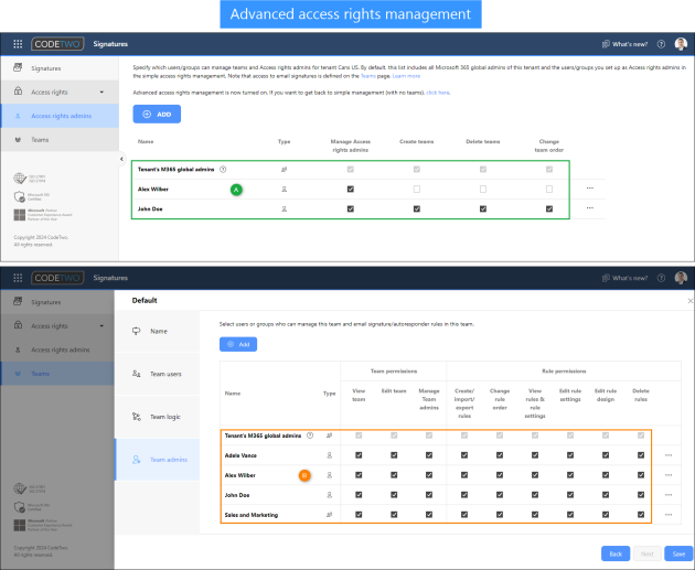 Here’s where you'll find Access rights admins (A) and Signature rule admins (B) after switching to Advanced access rights management.