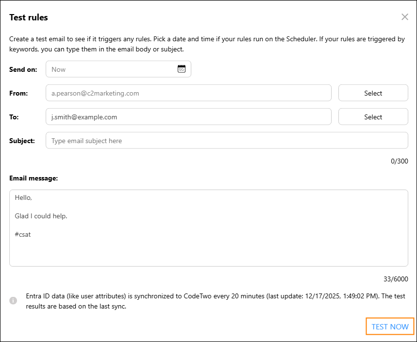 Creating a test email in the signature rules tester.