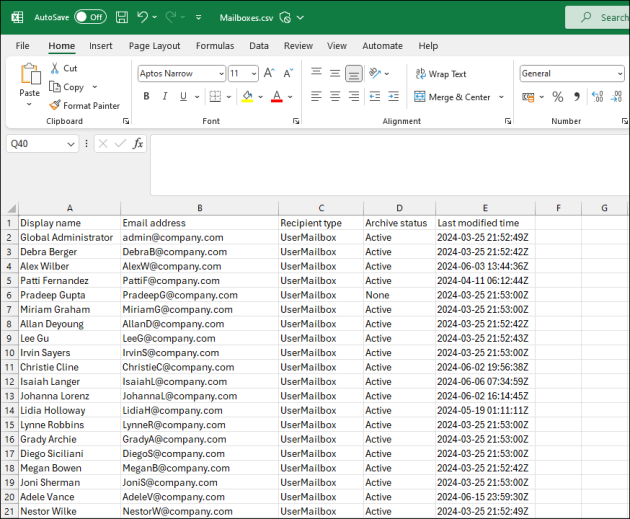 The data displayed correctly in separate columns in Microsoft Excel.