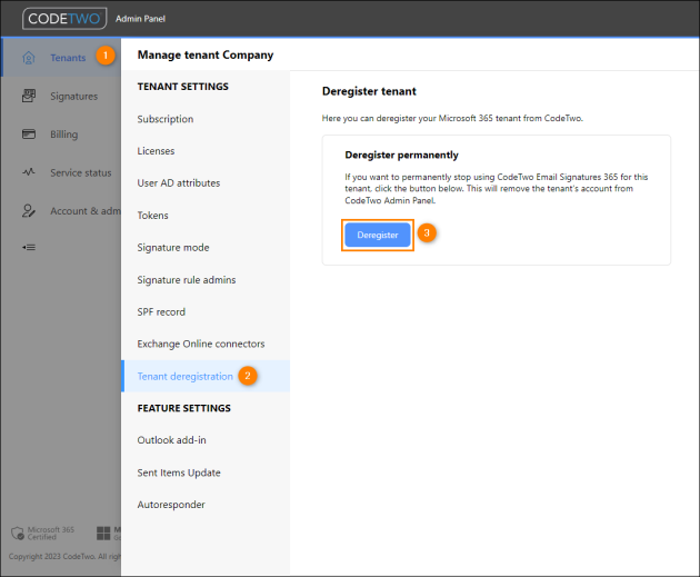 Deregistering a tenant from CodeTwo Admin Panel (Outlook mode).