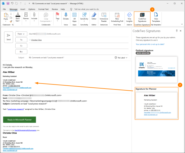 Manually inserting the Planner message signature.