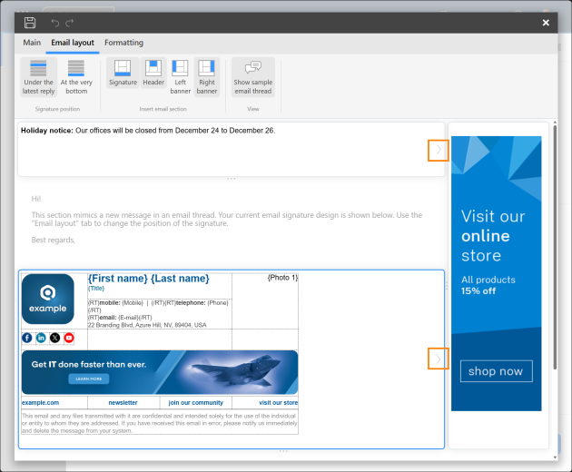 Use the arrow buttons to change the width of email sections.