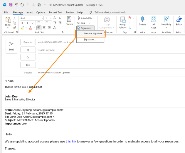 A personal email signature added to a message sent from a shared mailbox.