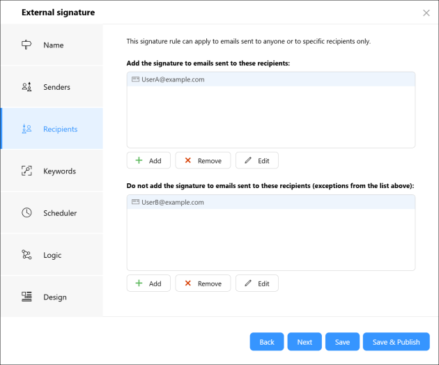 Recipient-related conditions and exceptions configured in a cloud (server-side) rule.
