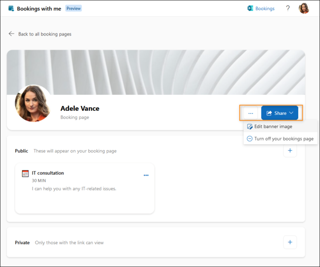 Buttons that let you edit and share your booking page.