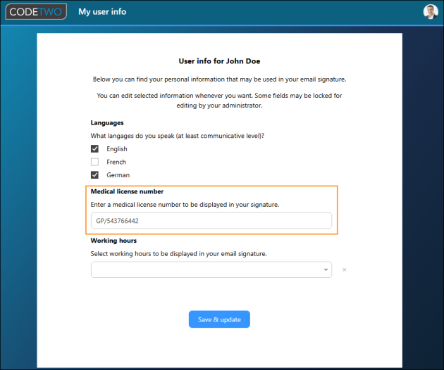 Filling in a custom attribute for a medical license number in the My user info app.