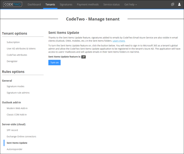 Enabling SIU in CodeTwo Admin Panel.