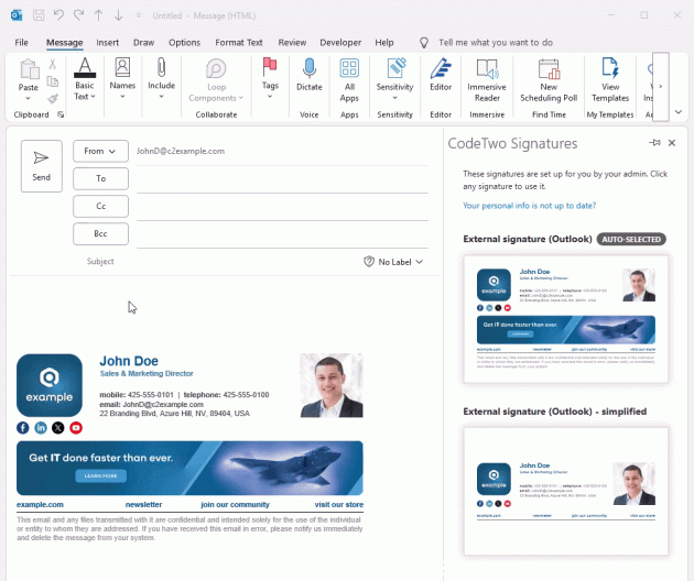 Switching between shared mailbox and personal Outlook signatures in the CodeTwo add-in pane.