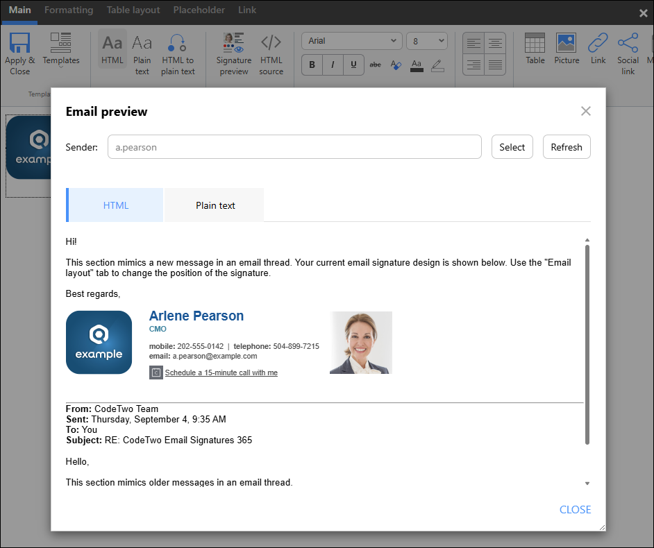 Email signature preview with a Calendly meeting link.