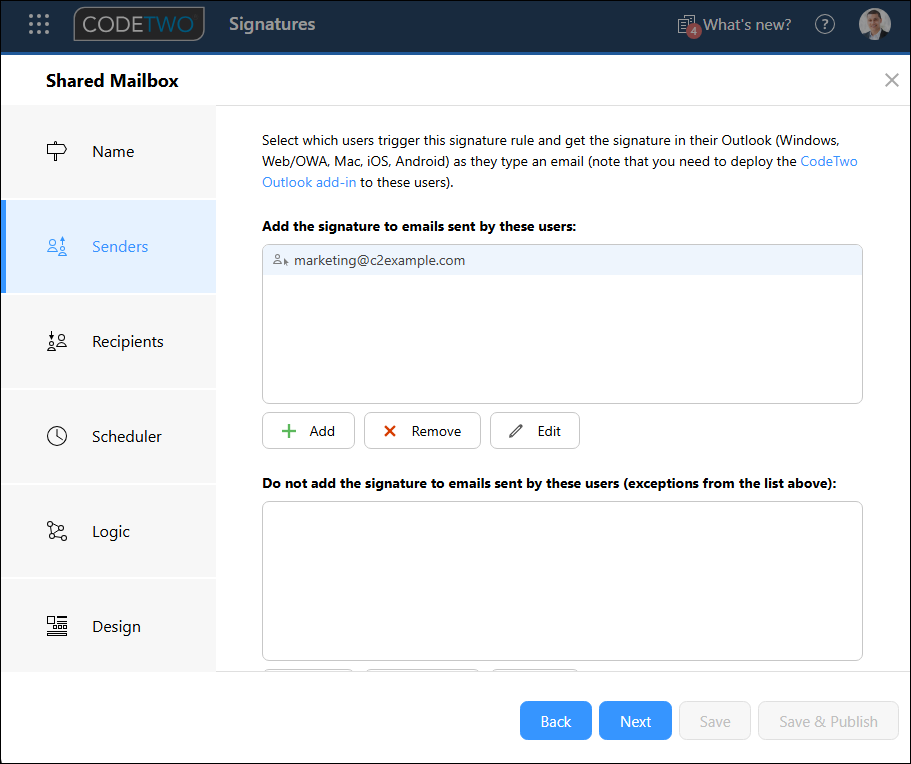 A shared mailbox added to the Senders condition of your Outlook (client-side) signature rule.