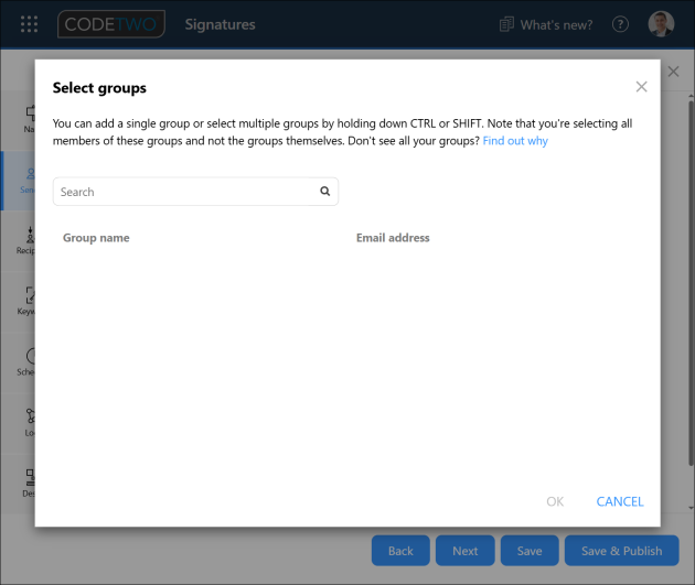 A group picker in CodeTwo's Signatures app showing no groups.
