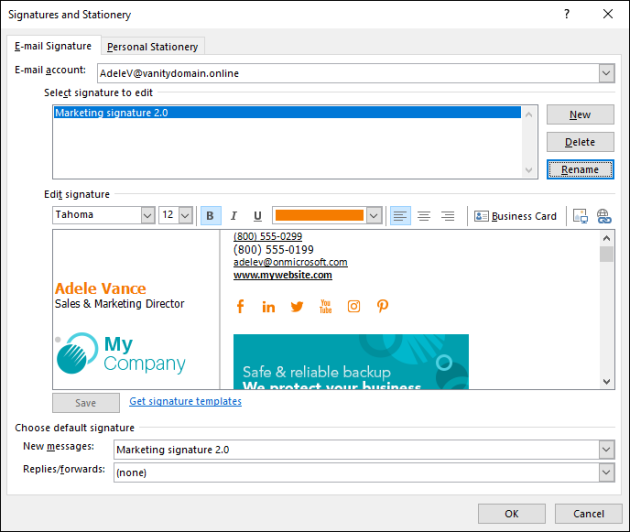 Pasting, saving, and setting your signature as the default one for new messages.