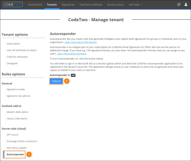Enabling Autoresponder in CodeTwo Admin Panel.