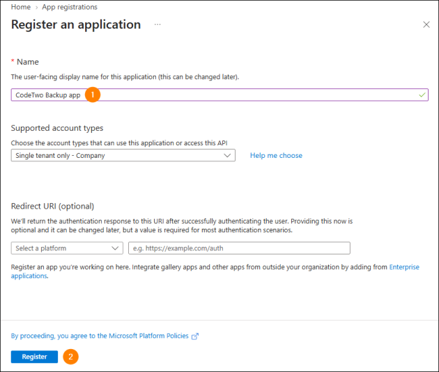 Registering the CodeTwo application with Entra ID.