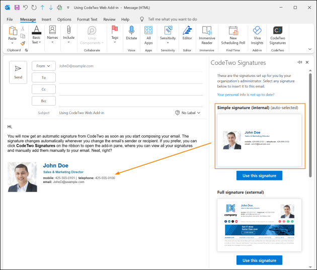 CodeTwo Outlook Add-in automatically adds a signature to the body of an email.