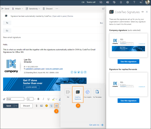 Opening the CodeTwo Signatures pane in Outlook on the web / OWA.