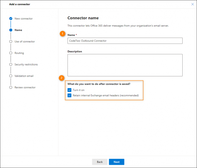 Naming and enabling the outbound connector.