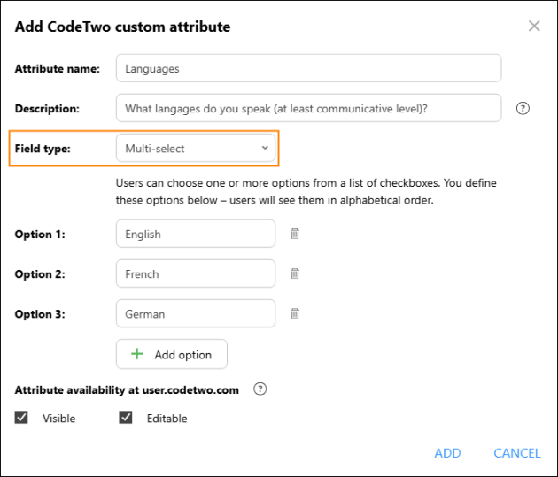 Creating a multi-select custom attribute for user languages in the Attributes manager app.