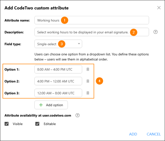 Configuring the custom attribute for selecting working hours.